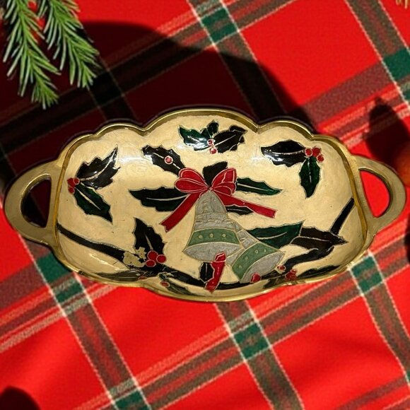 Vintage Enamel on Brass Christmas Bell with Holly Trinket Tray - Picture 1 of 6